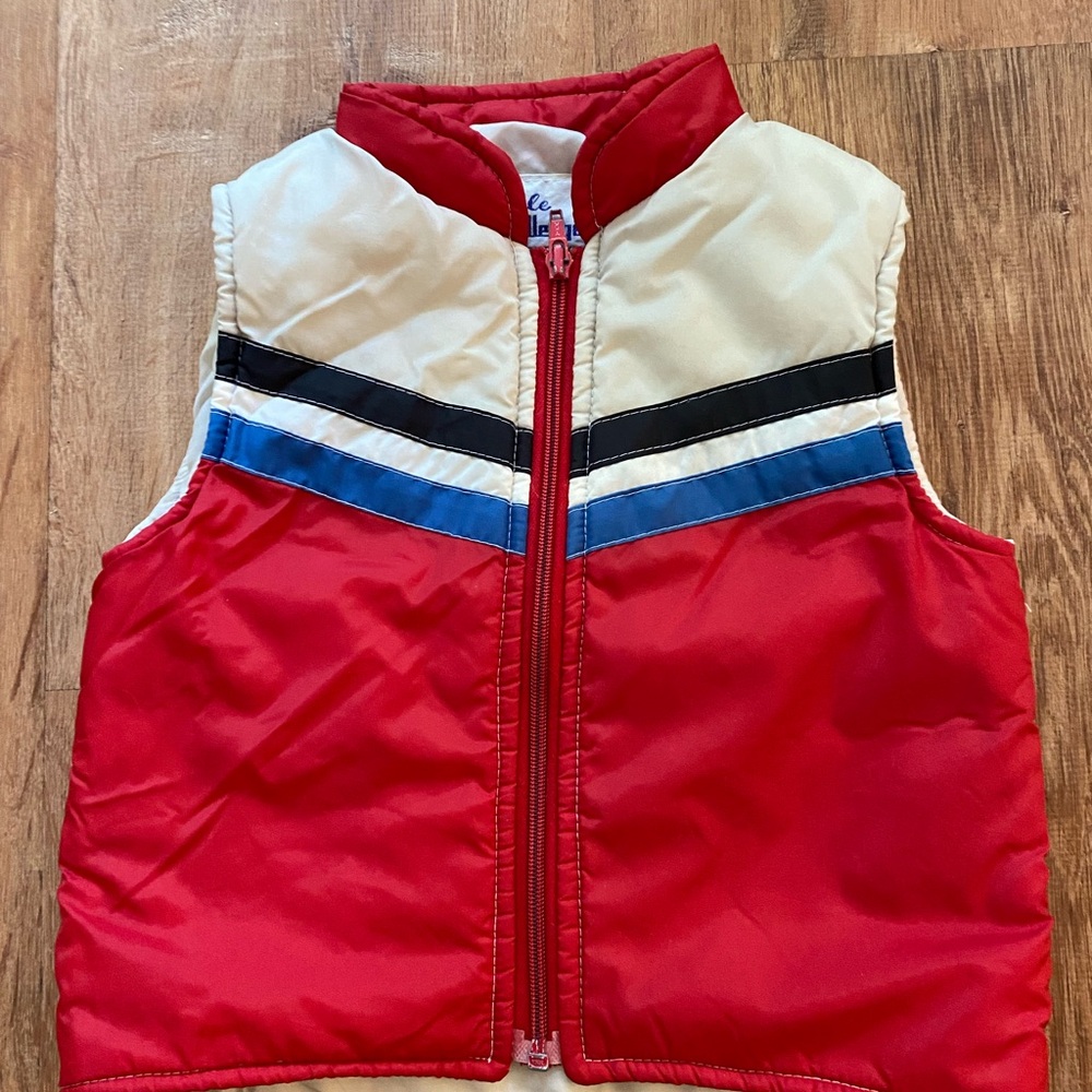 Kids Red Puffer Vest with Blue & Cream Accents